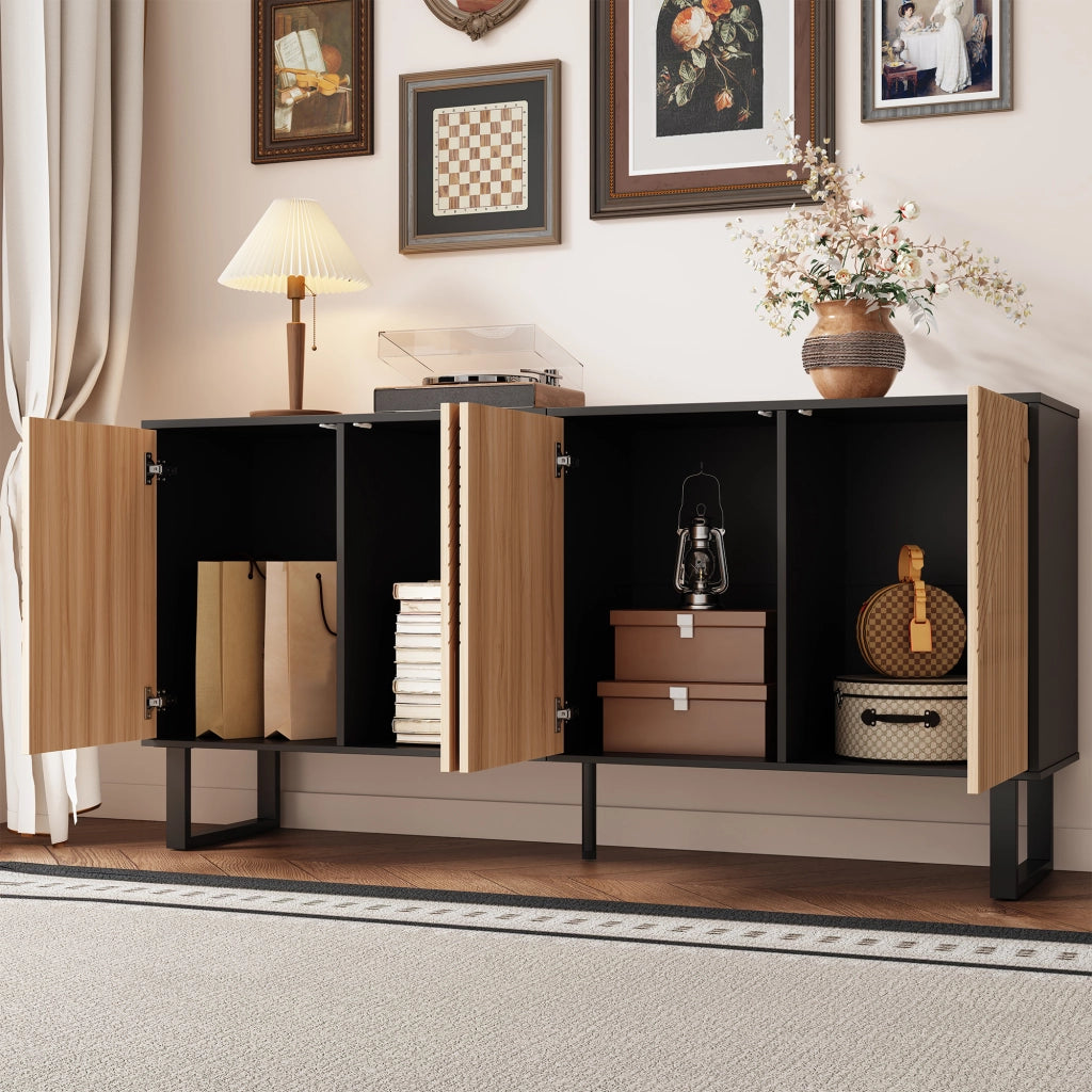 Mobile TV con ante a righe e vani aperti, per soggiorno e ingresso, in MDF e truciolare nero naturale, 160 × 38 × 75 cm