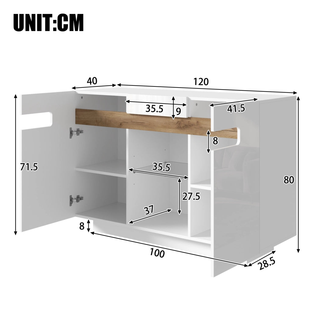 Credenza ULEVR 120x40x80 cm con LED regolabile via app, ripiani in vetro e vani aperti, bianco effetto legno naturale