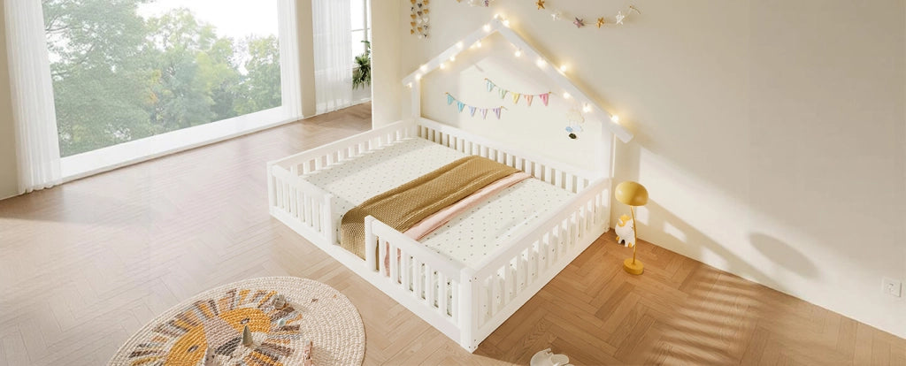 Letto casa in legno bianco 140x200 cm con protezione anticaduta e luci LED