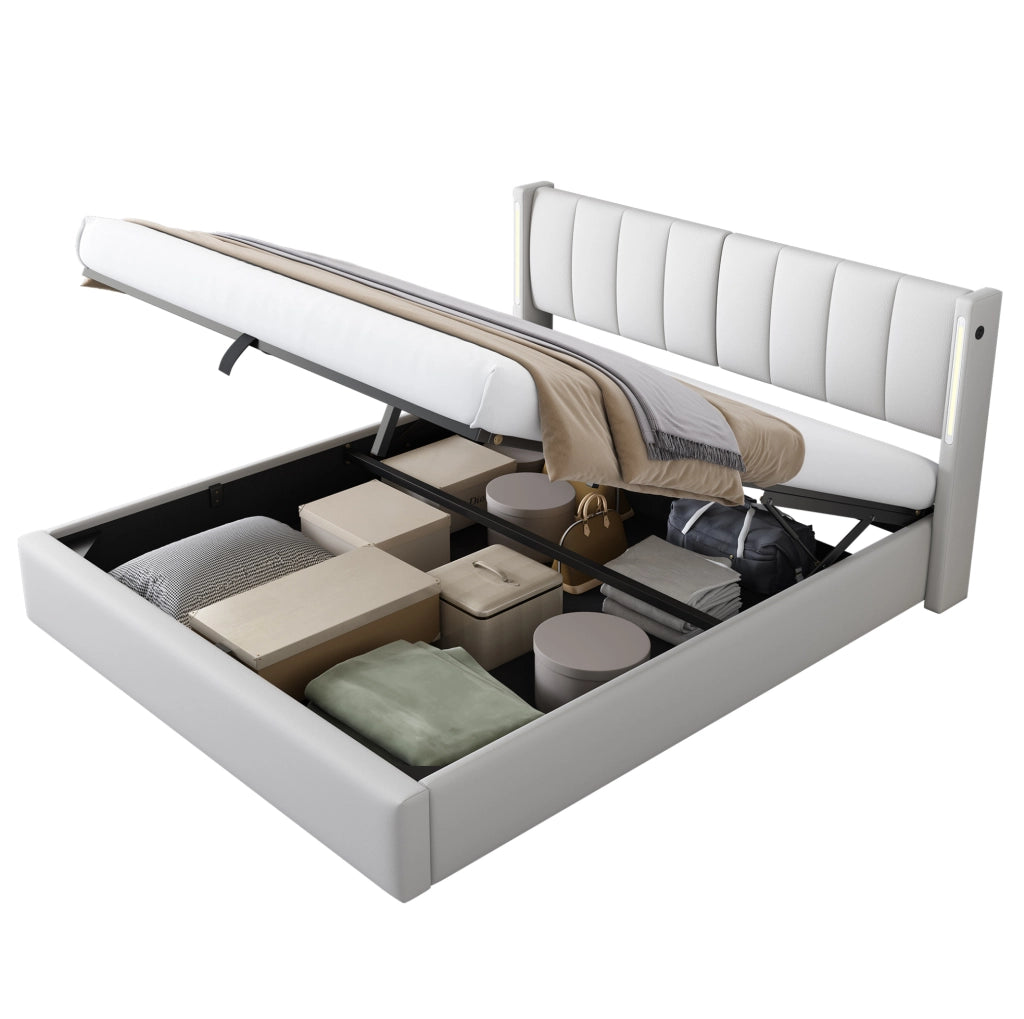 Letto imbottito LED 160x200 cm con contenitore, schienale regolabile, USB ricaricabile e rivestimento in PU bianco