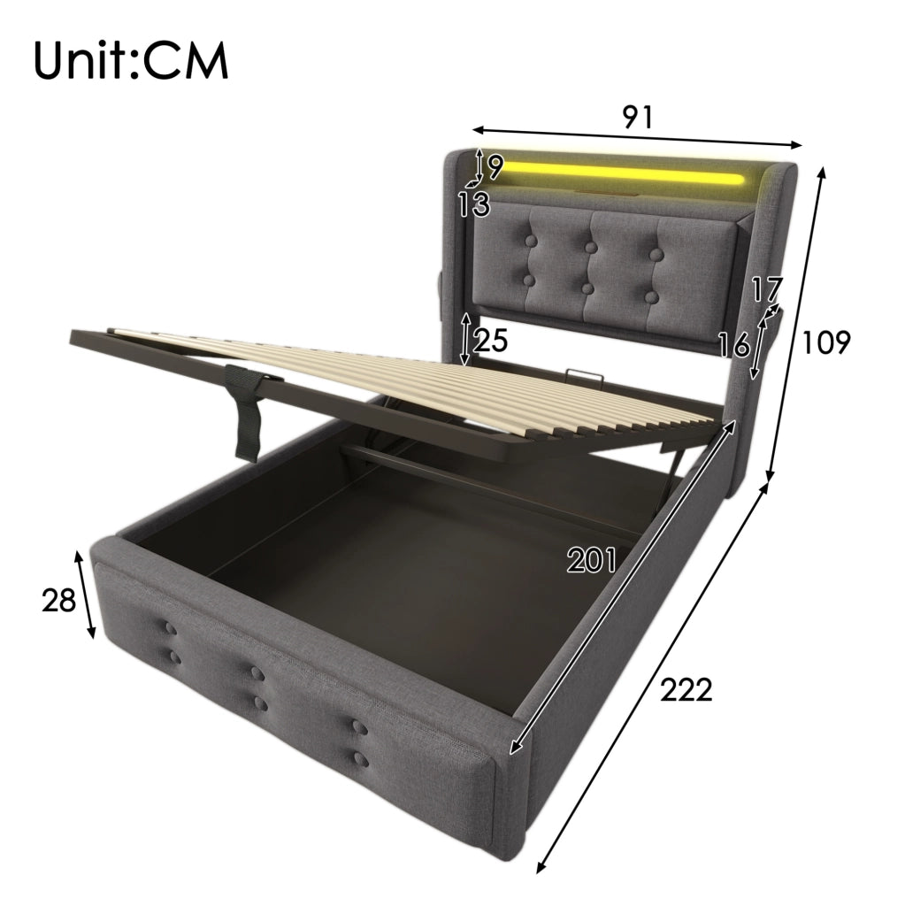 Letto singolo imbottito 90x200 cm con testiera in pelle, funzione di ricarica USB-C, struttura in legno e metallo, portata 150 kg, grigio