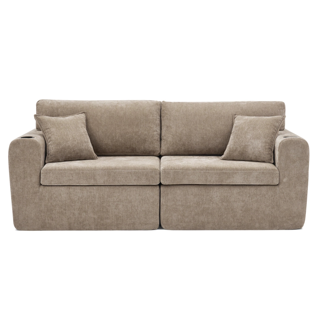 Divano relax 2 posti 220.0x100.0x89.0 cm con tasche laterali e portabicchieri in ciniglia marrone