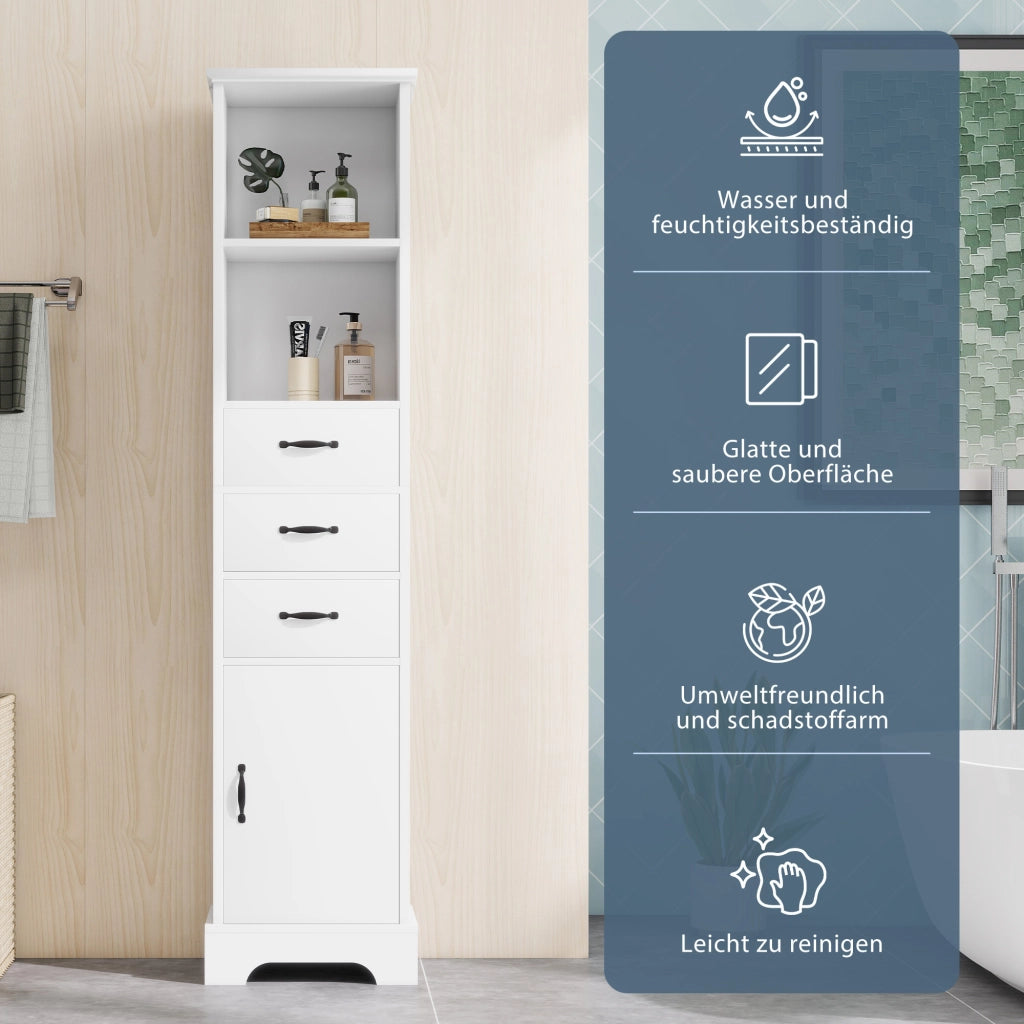 Colonna da bagno con 3 cassetti; vani aperti e ripiani regolabili in MDF laccato bianco 38 × 26 × 172.5 cm