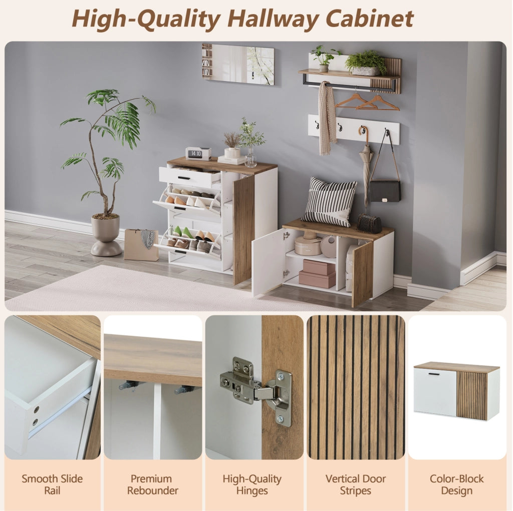 Set di mobili da ingresso 5 pezzi con scaffale porta scarpe, panca, specchio, pannello appendiabiti e ripiano, colore legno e bianco