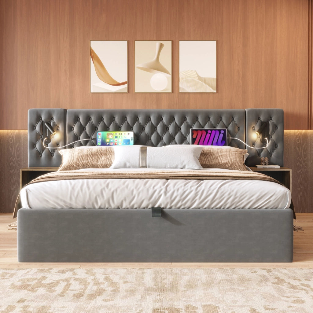 Letto contenitore 180 x 200 cm con comodini, luci e ricarica