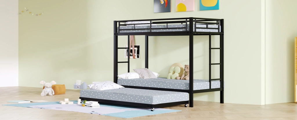 Letto a castello in ferro 90x200 cm con letto estraibile e sponde alte, colore nero, certificato EN747