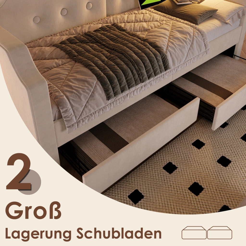 Letto singolo imbottito 90 ¡Á 200 cm in velluto beige con cassetti luce da lettura USB Type-C rete a doghe