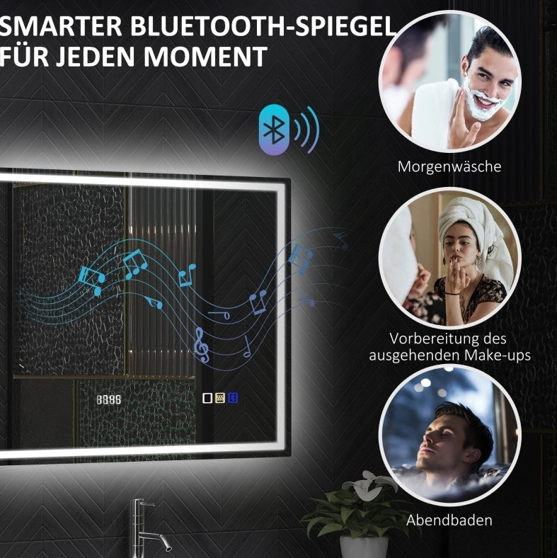 Specchio da bagno LED 80x60 cm con Bluetooth, funzione orologio, 3 colori luce, antiappannamento, argento