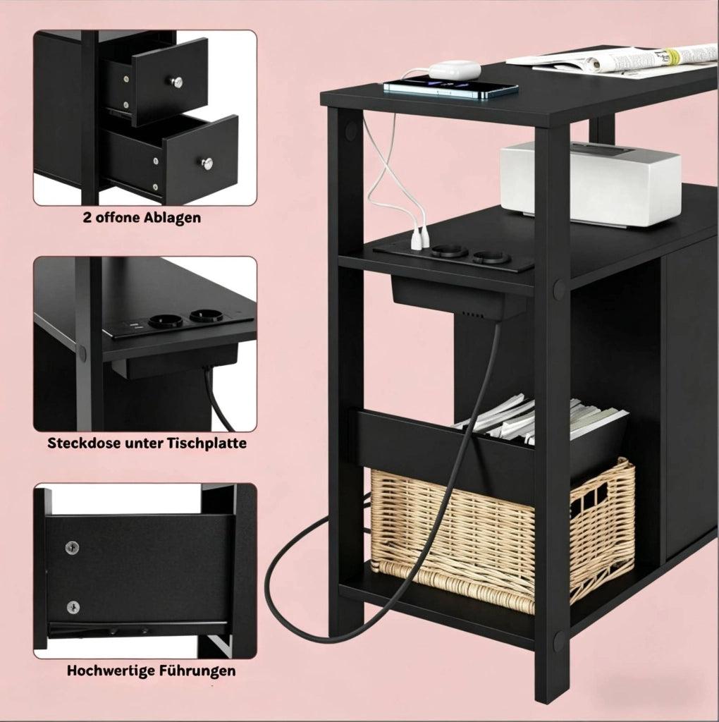 Tavolino laterale nero 60x60x30 cm con 2 cassetti, 2 prese AC e 2 porte USB