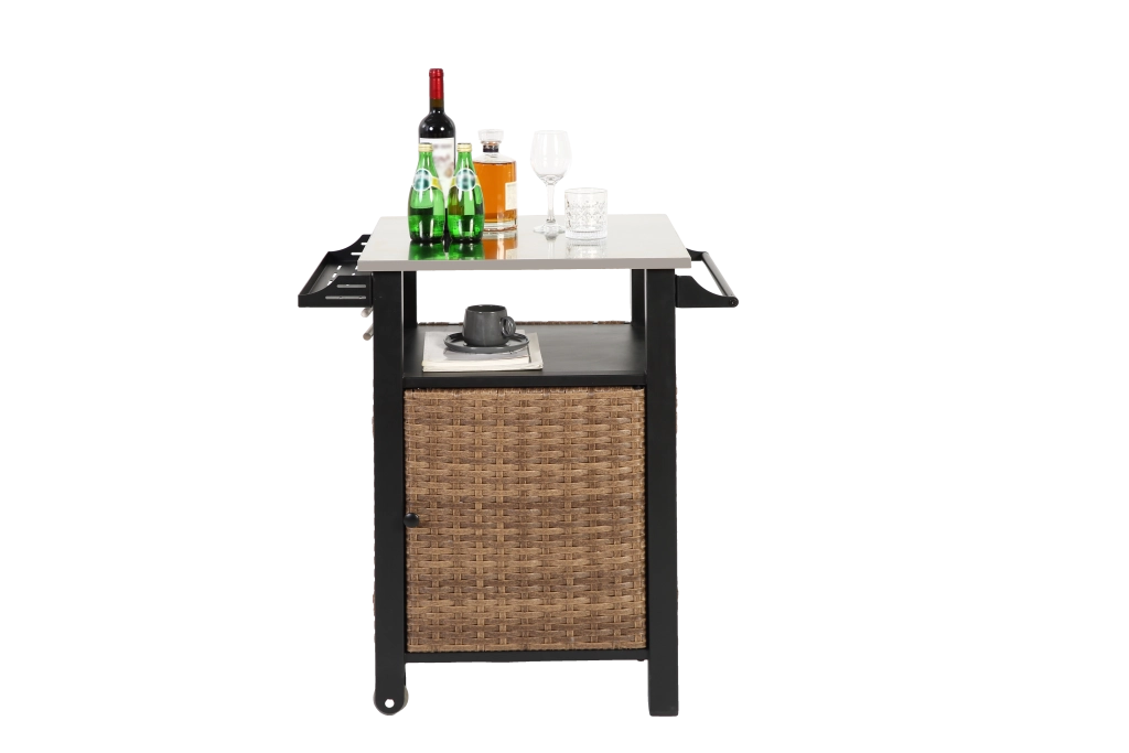 Carrello da cucina con ruote, anta, cassetto e ripiani, portabicchieri, per esterno, in acciaio e rattan, marrone