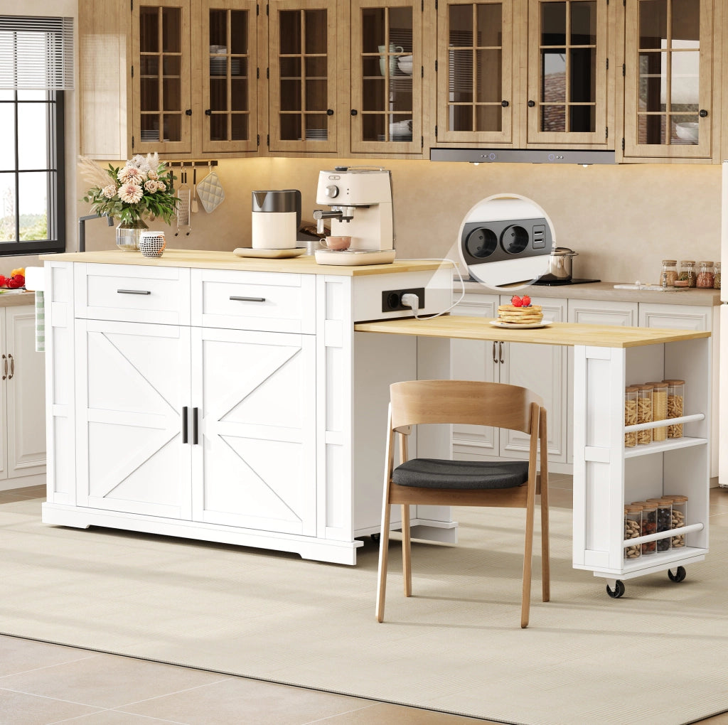 Isola da cucina mobile con piano estraibile 130(205)x50x93 cm; MDF; bianco/naturale