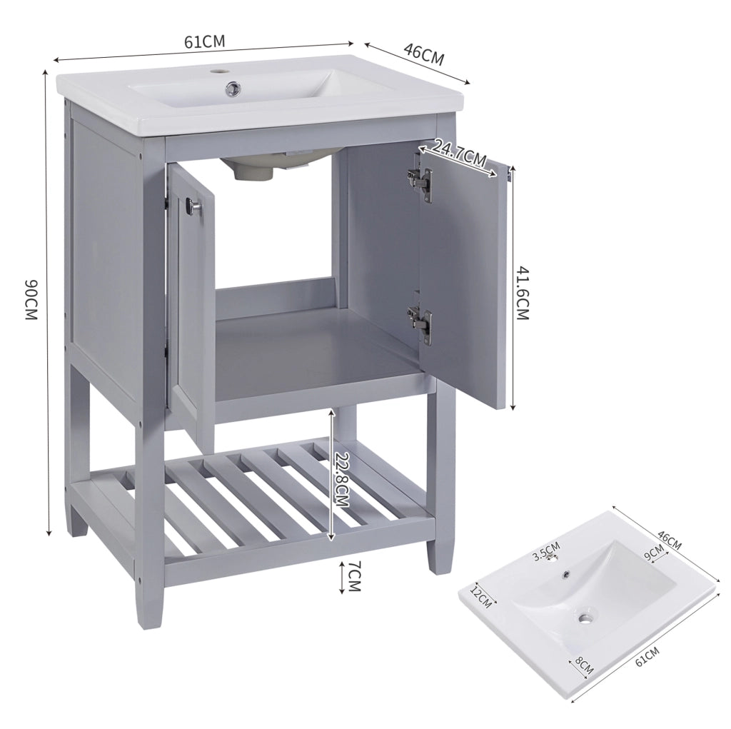 Mobile lavabo da terra con lavabo in ceramica grigio e bianco