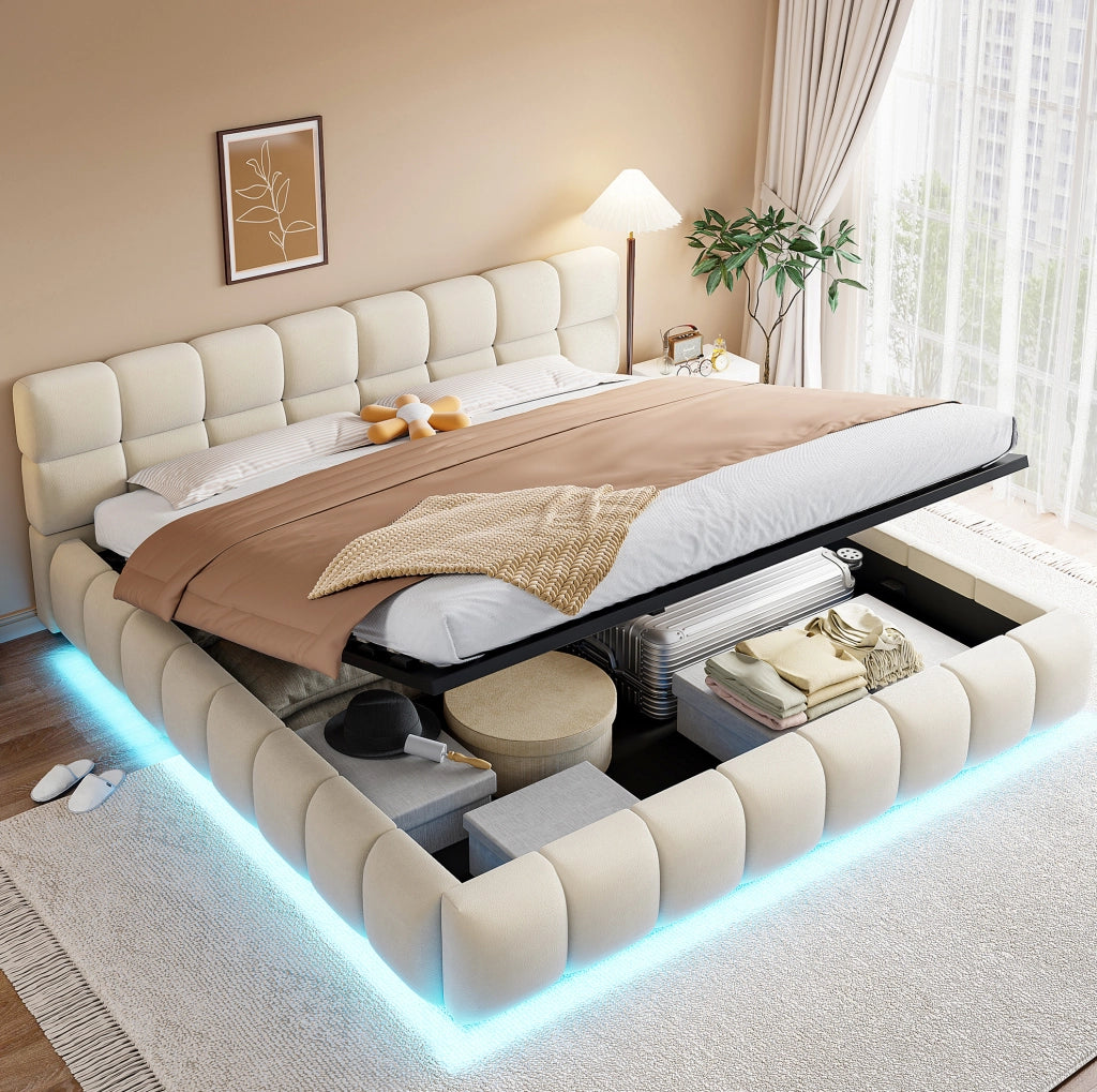 Letto imbottito 180x200 cm in velluto beige con contenitore idraulico e LED