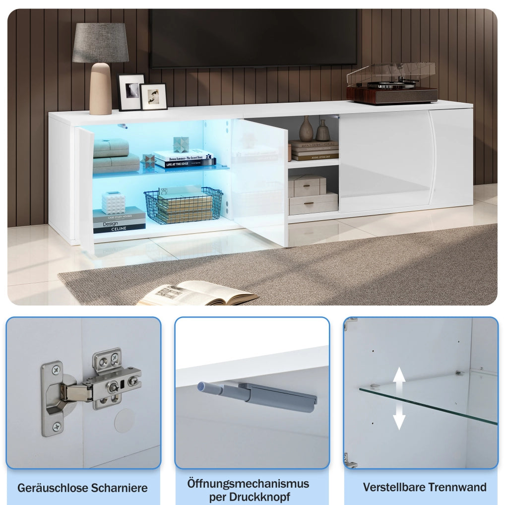 Mobile TV bianco lucido 180 cm con LED, 3 ante e ripiani in vetro