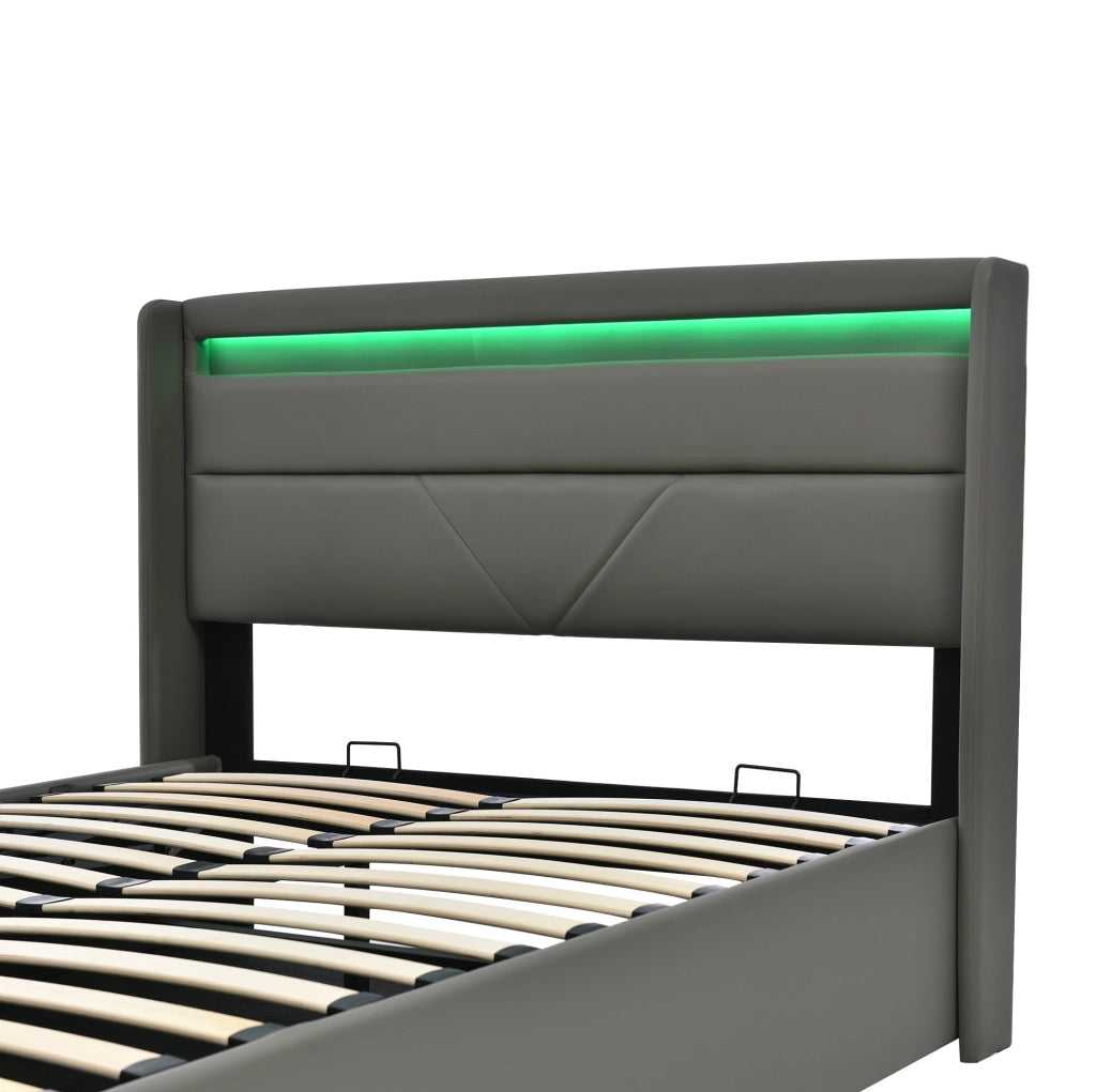 Letto contenitore matrimoniale 160x200 cm in PU con LED e telecomando; grigio