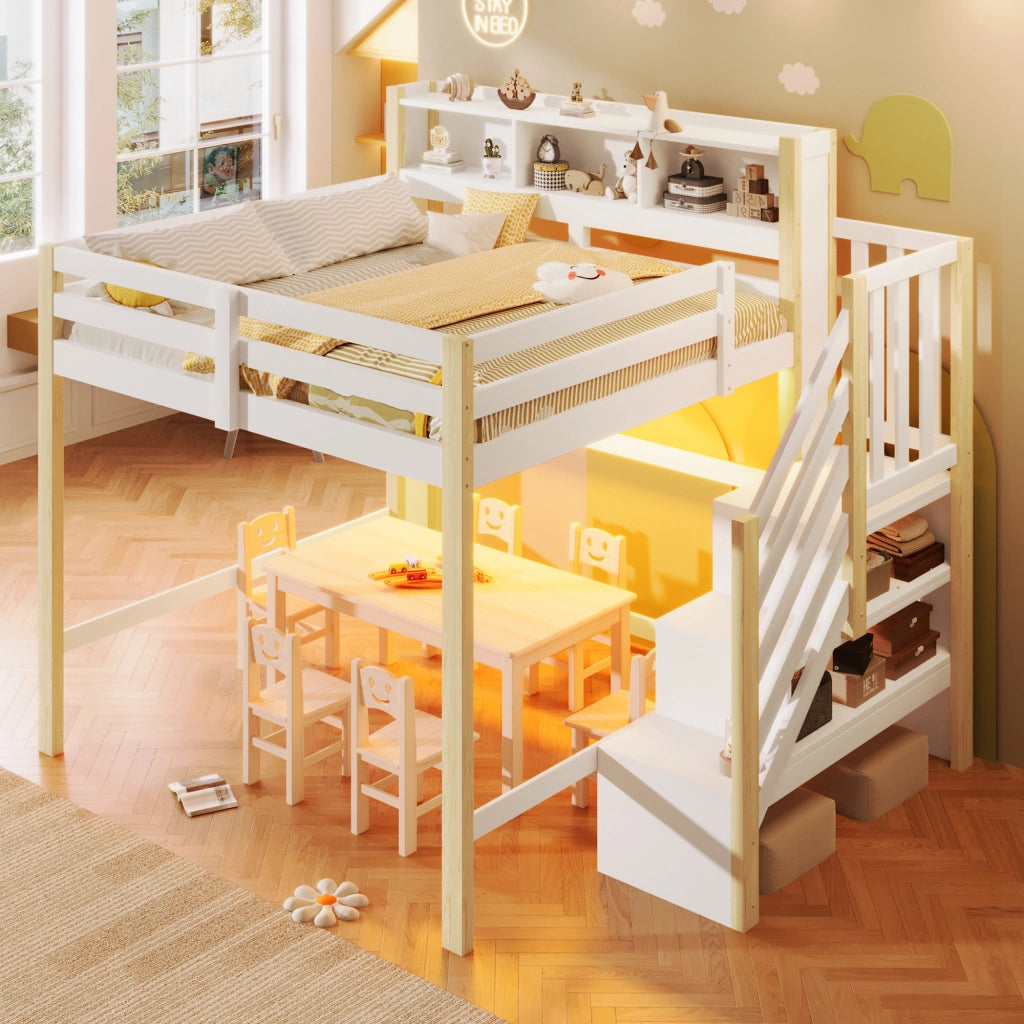 Letto a soppalco 140 × 200 cm con LED scala con contenitore e vani aperti in legno bianco e naturale