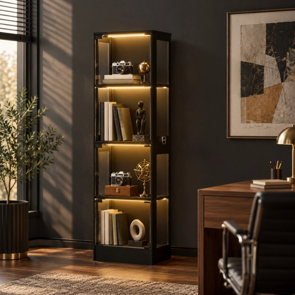 Vetrina con ante in vetro 40x35x165 cm con LED a 3 colori e sensore; effetto acacia