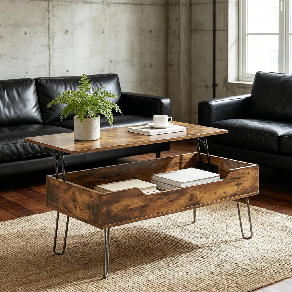 Tavolino da salotto con piano sollevabile e vano contenitore 95x50 cm noce rustico HOMVRA