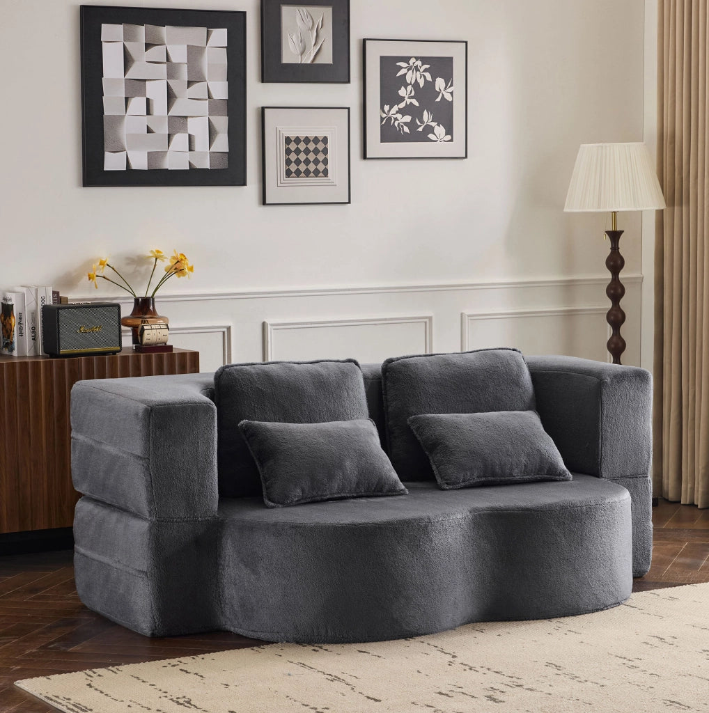 Divano letto da pavimento pieghevole blu e grigio con 4 cuscini