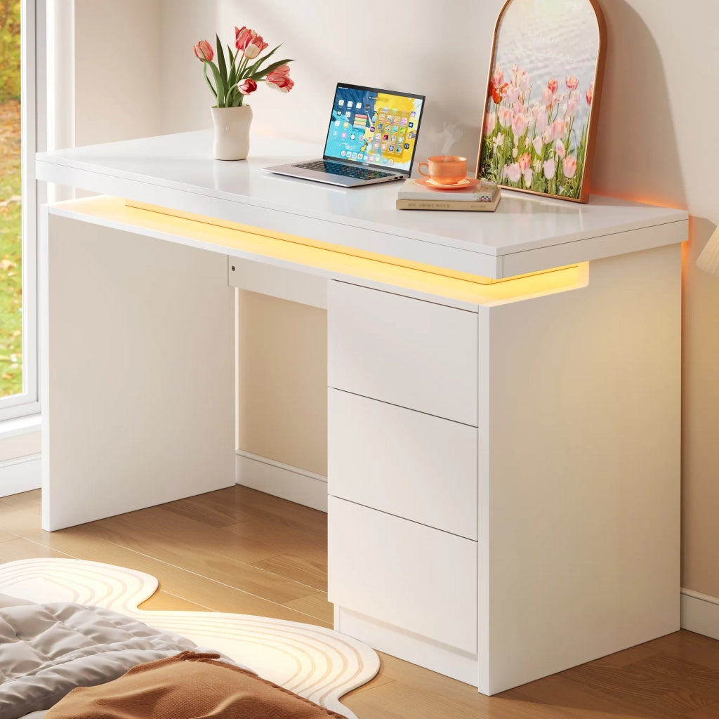 Scrivania Moderna con LED 120x50x78,5 cm, Piano Ampliato, 3 Cassetti, Gambe Rinforzate, Illuminazione Regolabile per Home Office