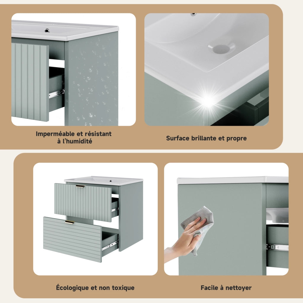 Lavabo sospeso 61x46x57 cm in MDF laccato verde menta, con lavabo integrato e 2 cassetti silenziosi a struttura orizzontale e verticale