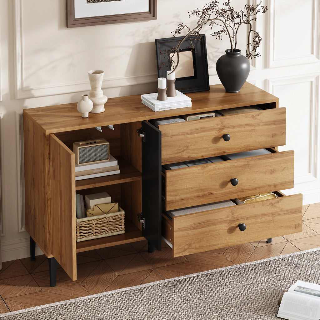 OKWISH Credenza con 1 Anta e 3 Cassetti, Piedini in Metallo, per Soggiorno e Sala da Pranzo, Nero e Naturale, 120 x 35 x 76 cm