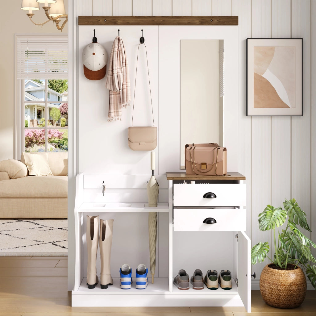 Set di mobili da ingresso con specchio; due cassetti; anta; ganci e portaombrelli in truciolare 110.5 × 38 × 191 cm