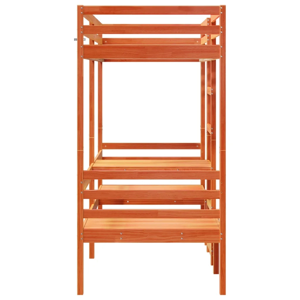 Letto singolo | Letto per adulti | Giroletto Soppalco Scrivania e Sedie Marrone Cera 75x190cm Pino