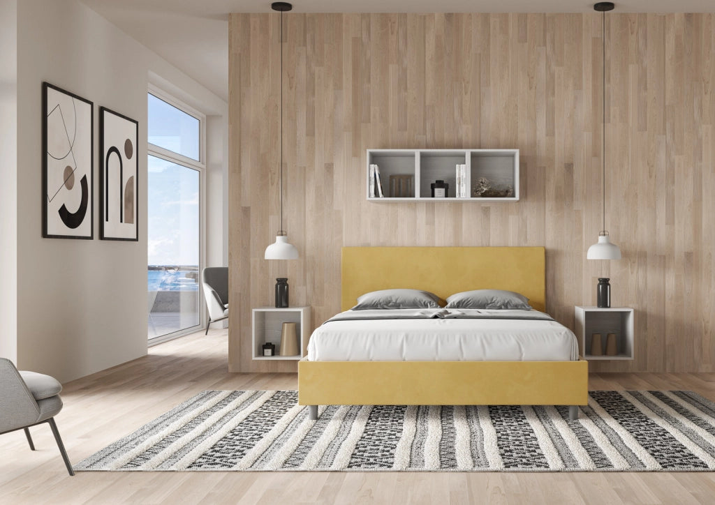 BS COM Letto matrimoniale king size con rete imbottito 170x200 microfibra ocra