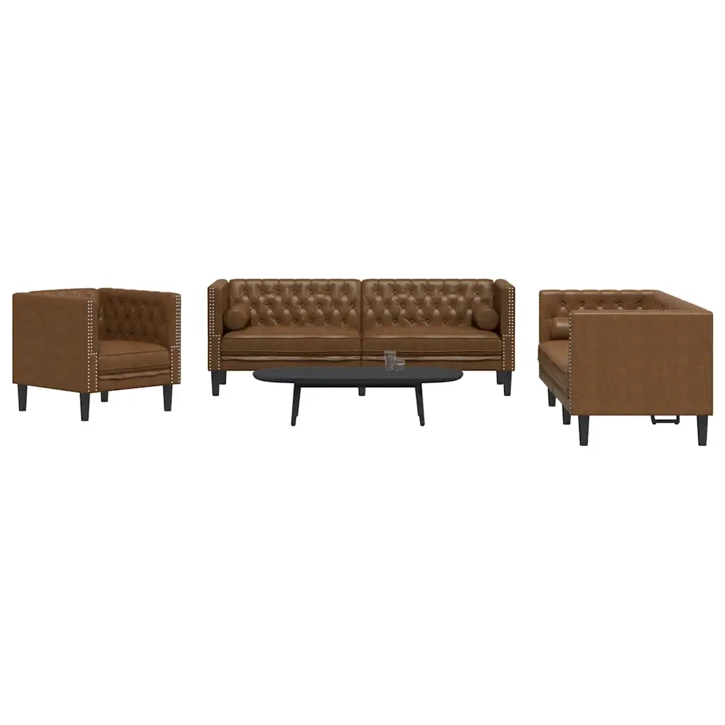 Divani Chesterfield 3pz Cuscini Marrone Similpelle Scamosciata 3209290
