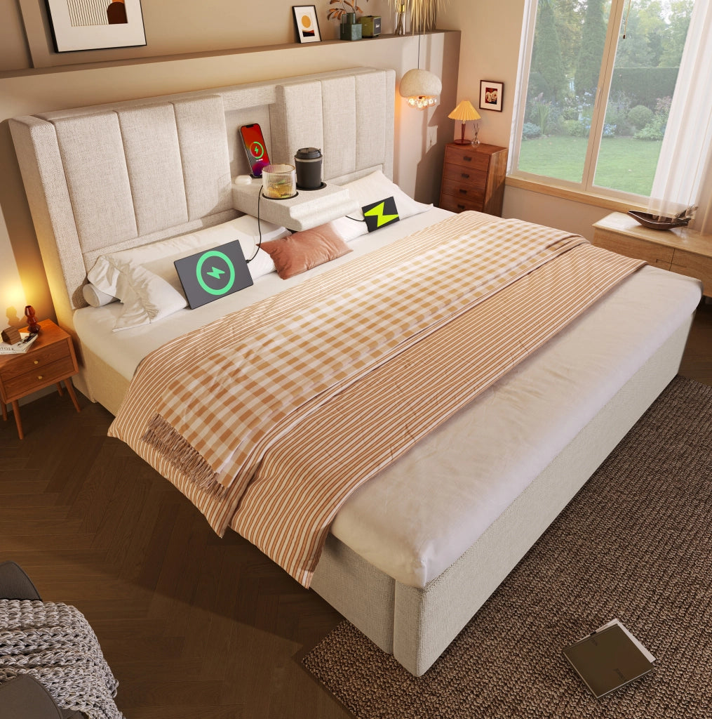 Letto Matrimoniale 140x200 cm con Contenitore, Porta Bicchiere Nascosto e Stazione di Ricarica USB, Tessuto Lino Beige con Materasso Incluso