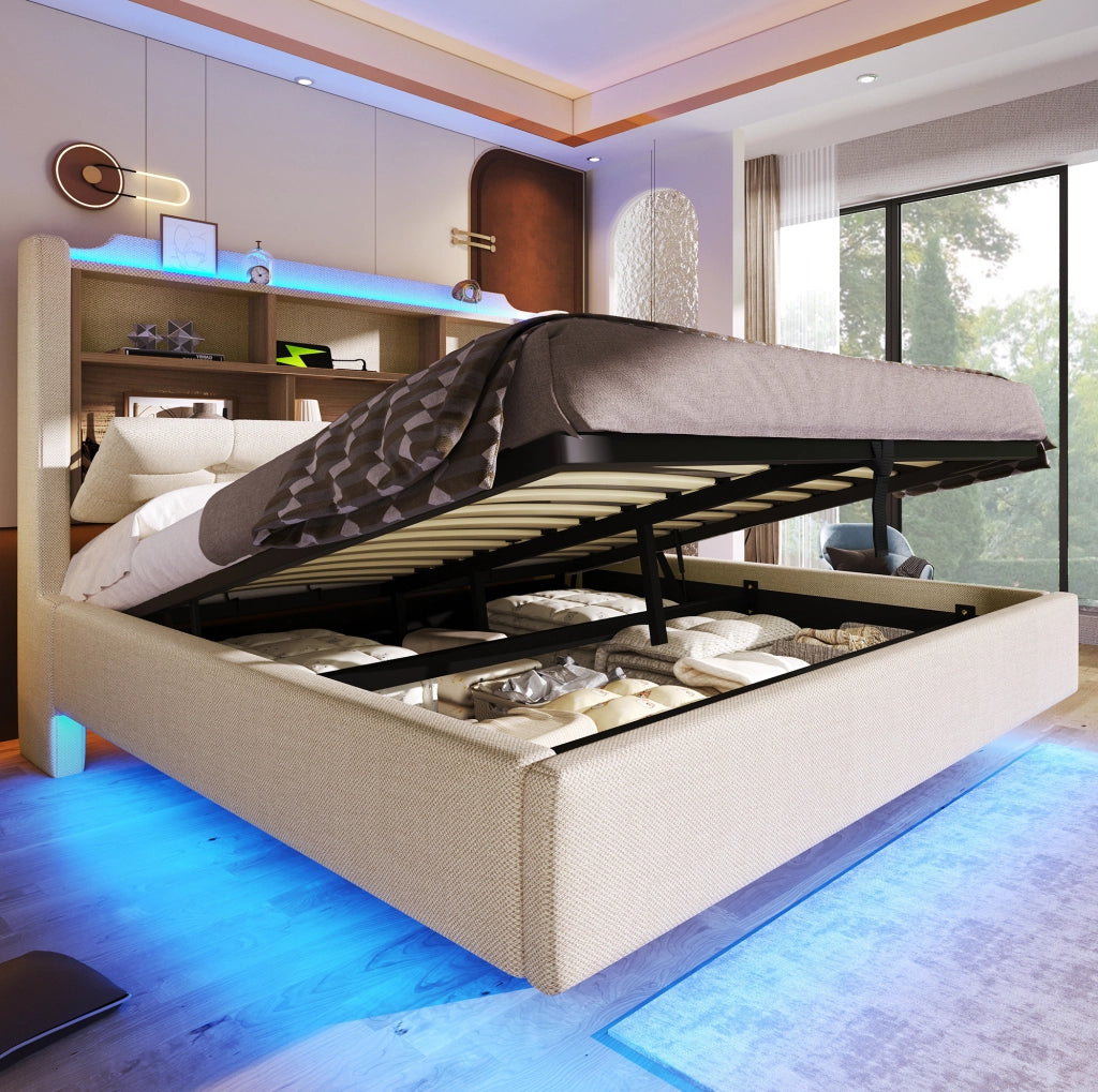 Letto imbottito 140x200 cm beige con LED, vano idraulico e USB