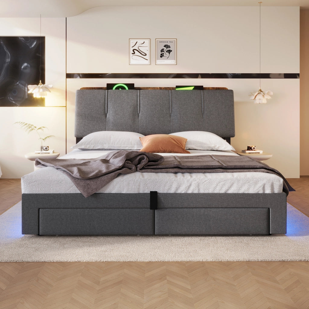 Letto contenitore 140 × 200 cm con vano idraulico cassetti laterali testiera imbottita USB Type-C LED grigio in lino