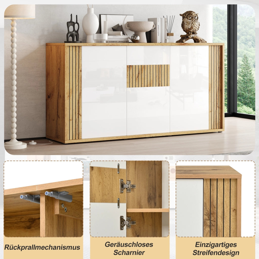 Madia con 3 ante senza maniglie e 6 vani push to open in MDF e truciolare bianca e color legno 140 × 35 × 71 cm