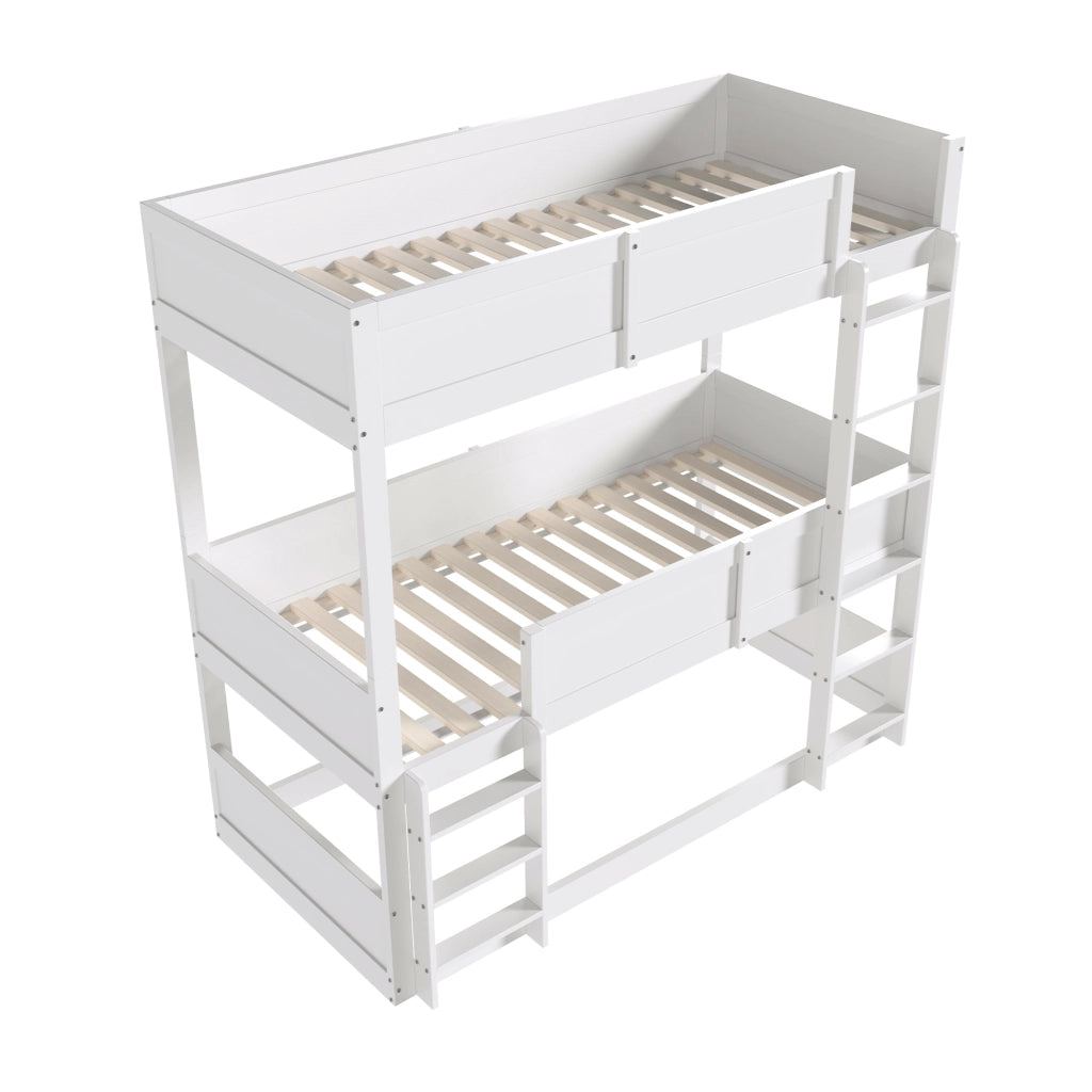 Letto a tre livelli bianco in legno massello di pino 90×200 cm, trasformabile in letto singolo più castello basso