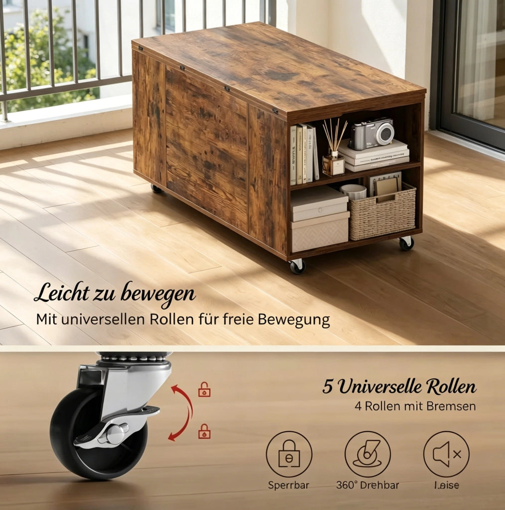 Tavolino elevabile con ruote, cassetto e vano contenitore