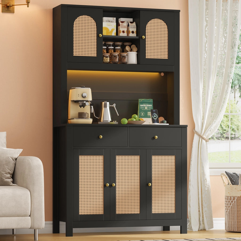 Mobile Dispensa 100x40x180 cm Nero con LED RGB App, 5 Ante Rattan, 2 Cassetti, 2 Prese e 2 USB