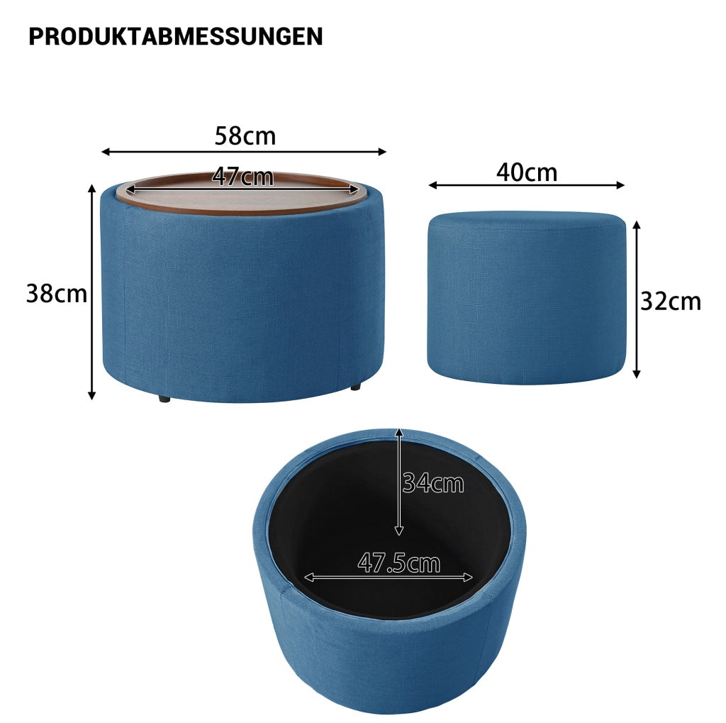 Set di 2 Pouf Nesting con Contenitore, Rivestimento in Lino e Ripiano in Legno, Tavolino Rotondo 58 cm, Blu