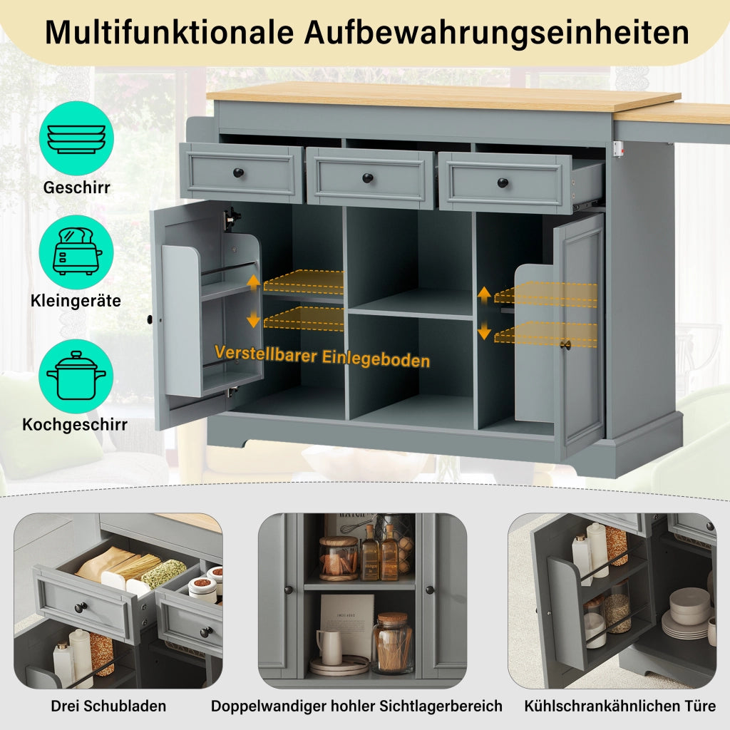 Mobile da cucina con piano estraibile laterale; 3 cassetti e ripiani regolabili grigio 112–188 × 45 × 92 cm