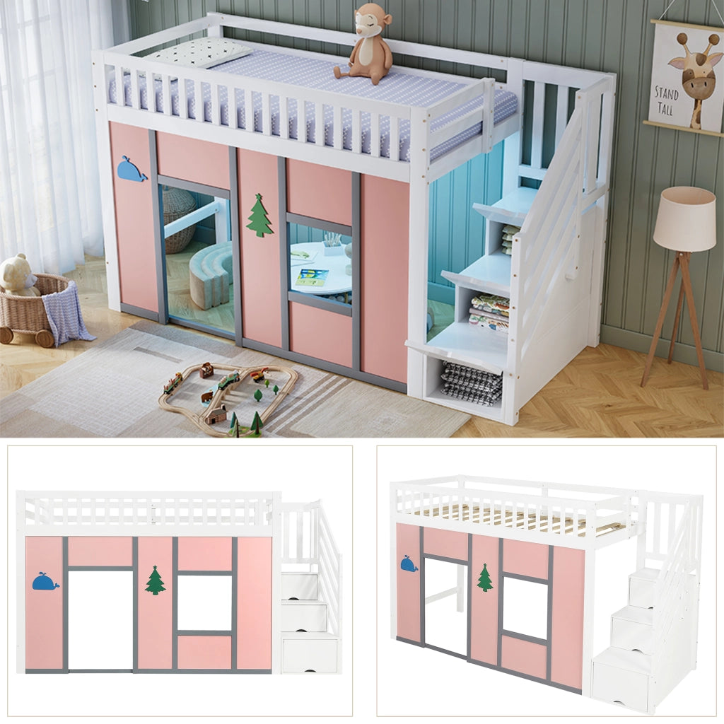 Letto a soppalco per bambini 90 × 200 cm con scala contenitore, LED, pino e MDF, bianco e rosa