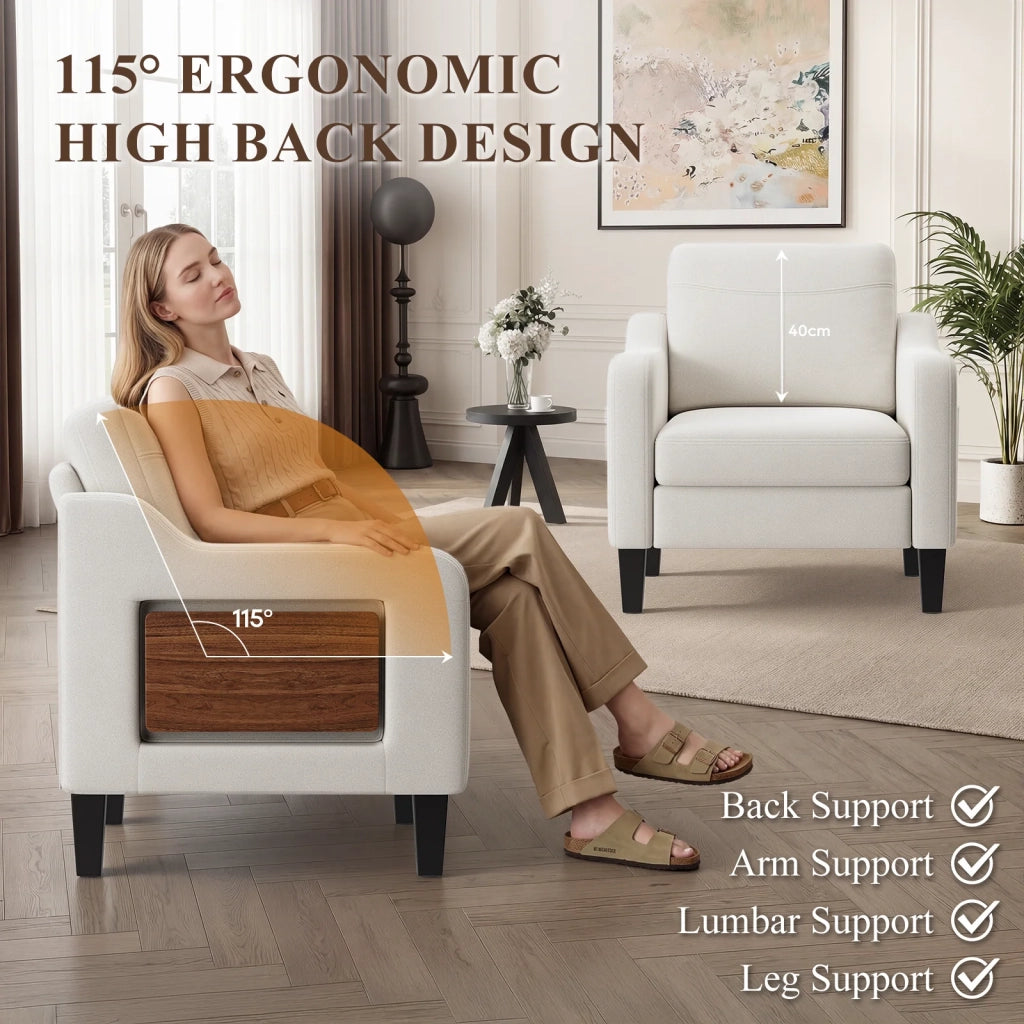 Poltrona moderna in tessuto di lino con tavolino pieghevole e vano portaoggetti laterale, seduta ergonomica con memory foam, versatile stile Mid-Century, facile da spostare
