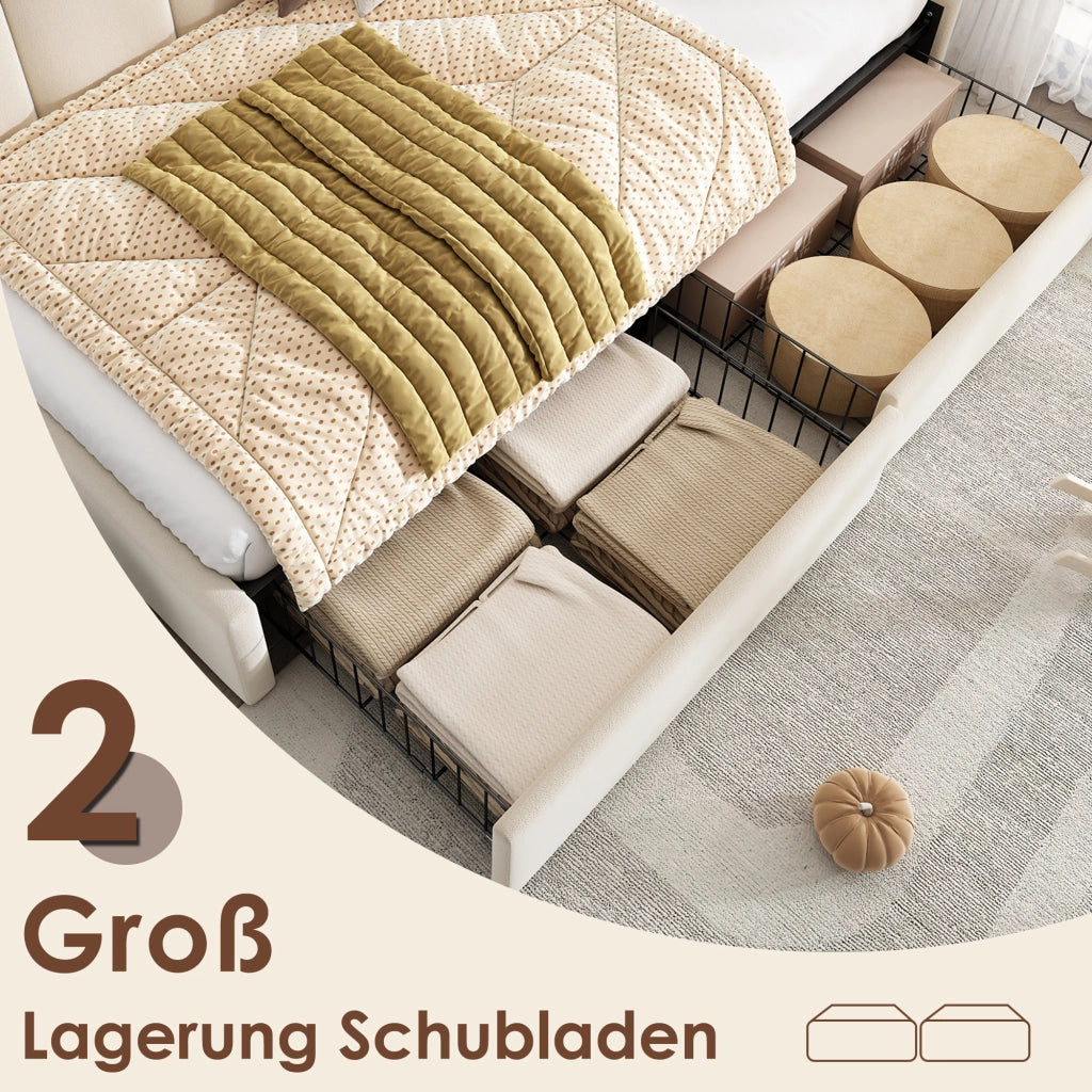 Letto singolo imbottito 90 ¡Á 190 cm con due cassetti in velluto beige con rete a doghe e sponde intercambiabili