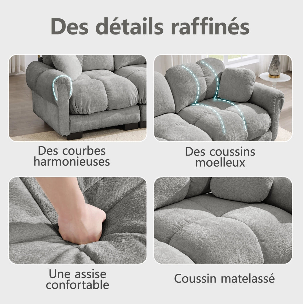 Divano angolare a L a 3 posti in tessuto chenille grigio chiaro con pouf mobile e 2 cuscini decorativi