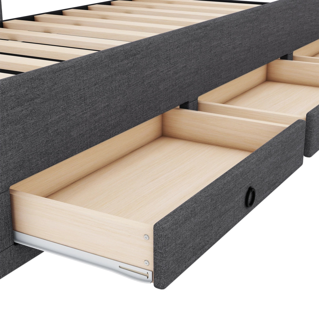 Letto singolo 90x200 cm con letto estraibile 90x190 cm, 3 cassetti e rivestimento in lino grigio