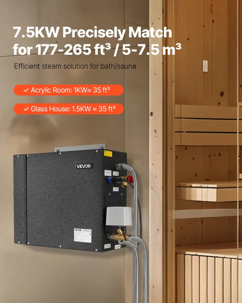 Generatore di vapore DO-75 da 7,5 kW per sauna e bagno turco in acciaio nero con controller e scarico automatico per uso domestico