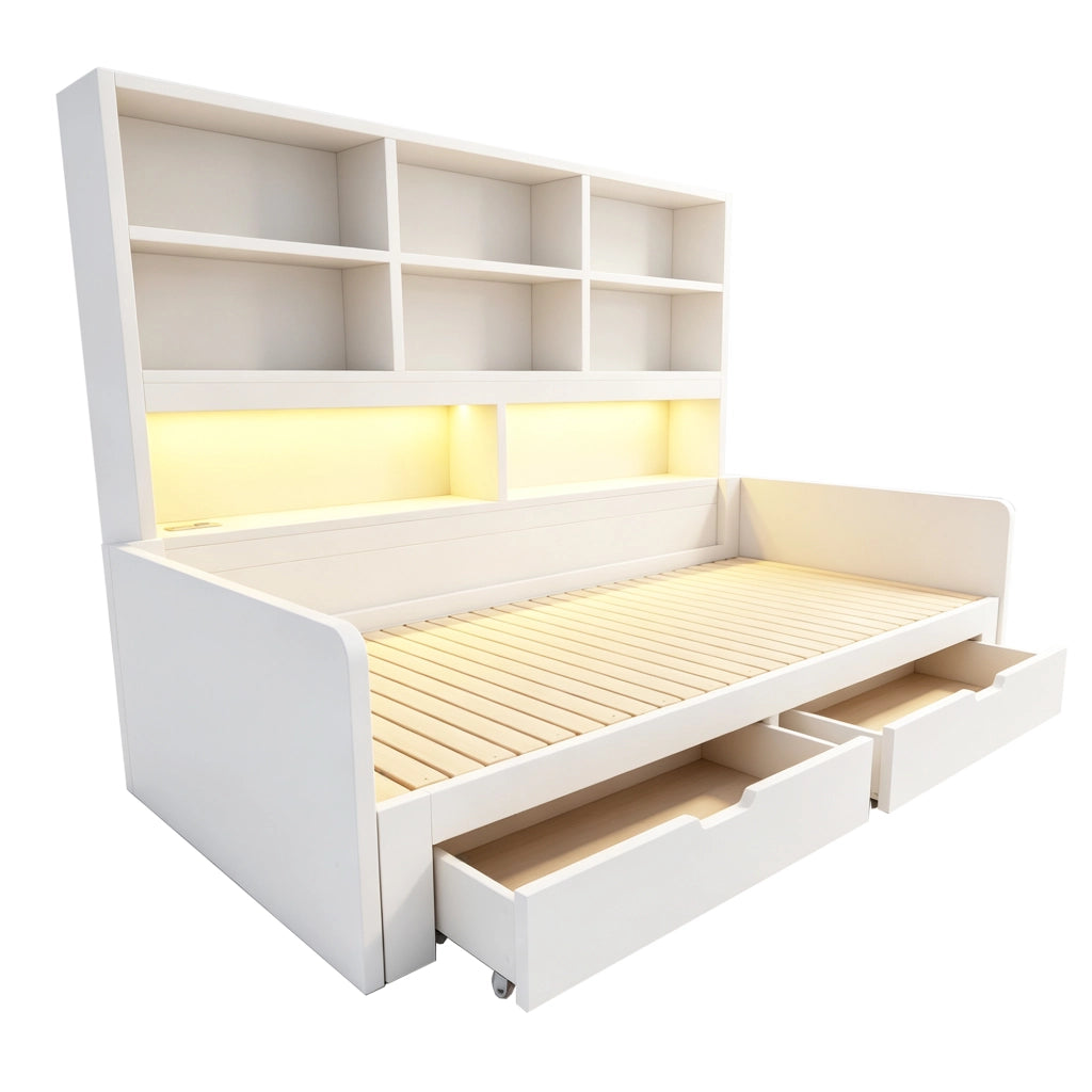 Letto a scomparsa multifunzione 90/180 x 200 cm con LED e prese; bianco