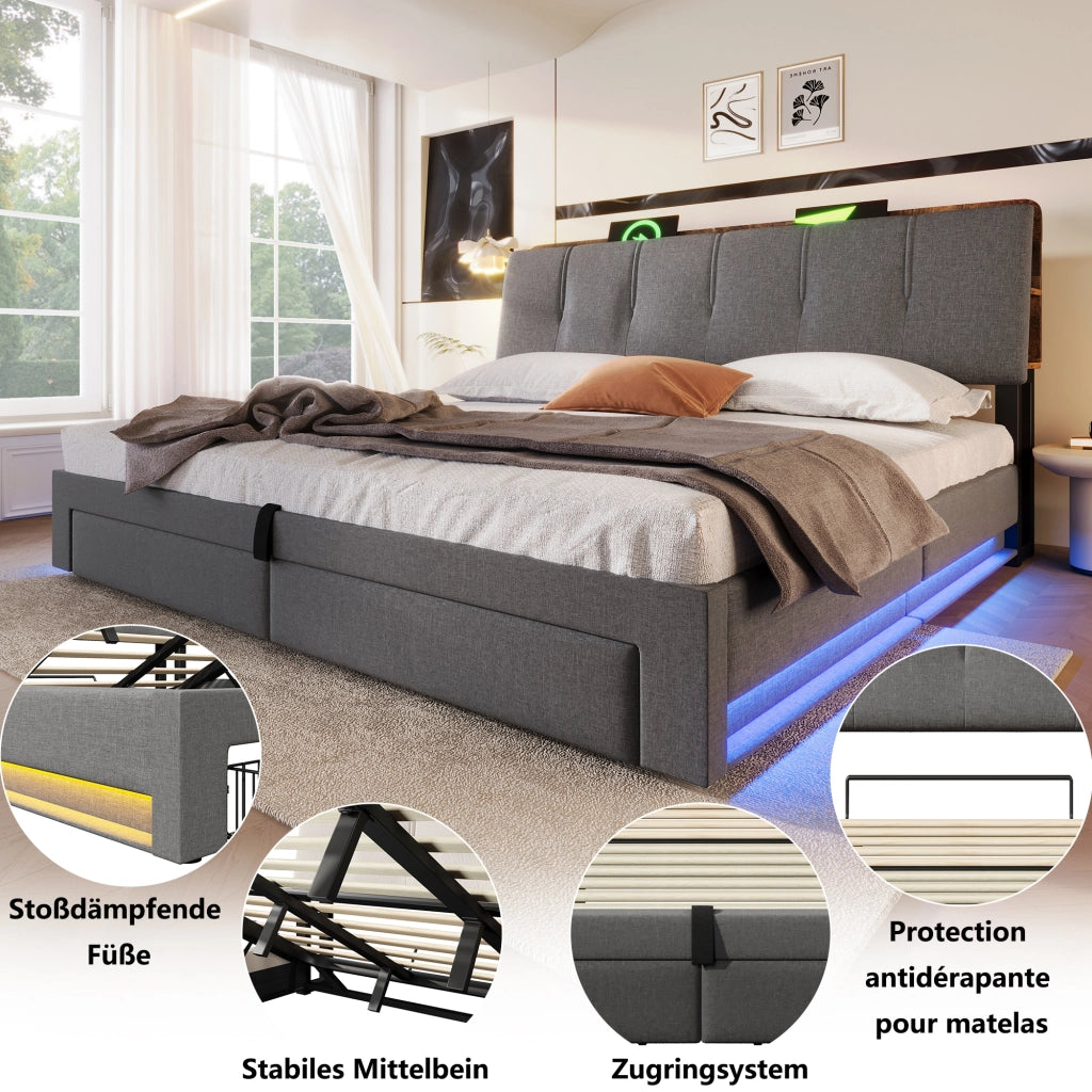 Letto contenitore 180 × 200 cm matrimoniale con 2 cassetti; USB; Type-C e LED regolabile; senza materasso; grigio