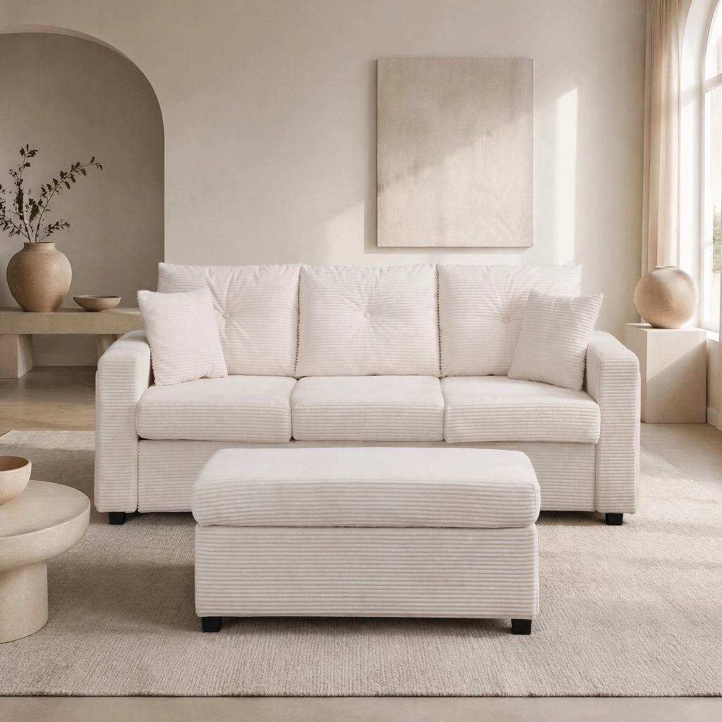 Divano 3 posti angolare beige con illuminazione LED, pouf mobile e cinque cuscini confortevoli