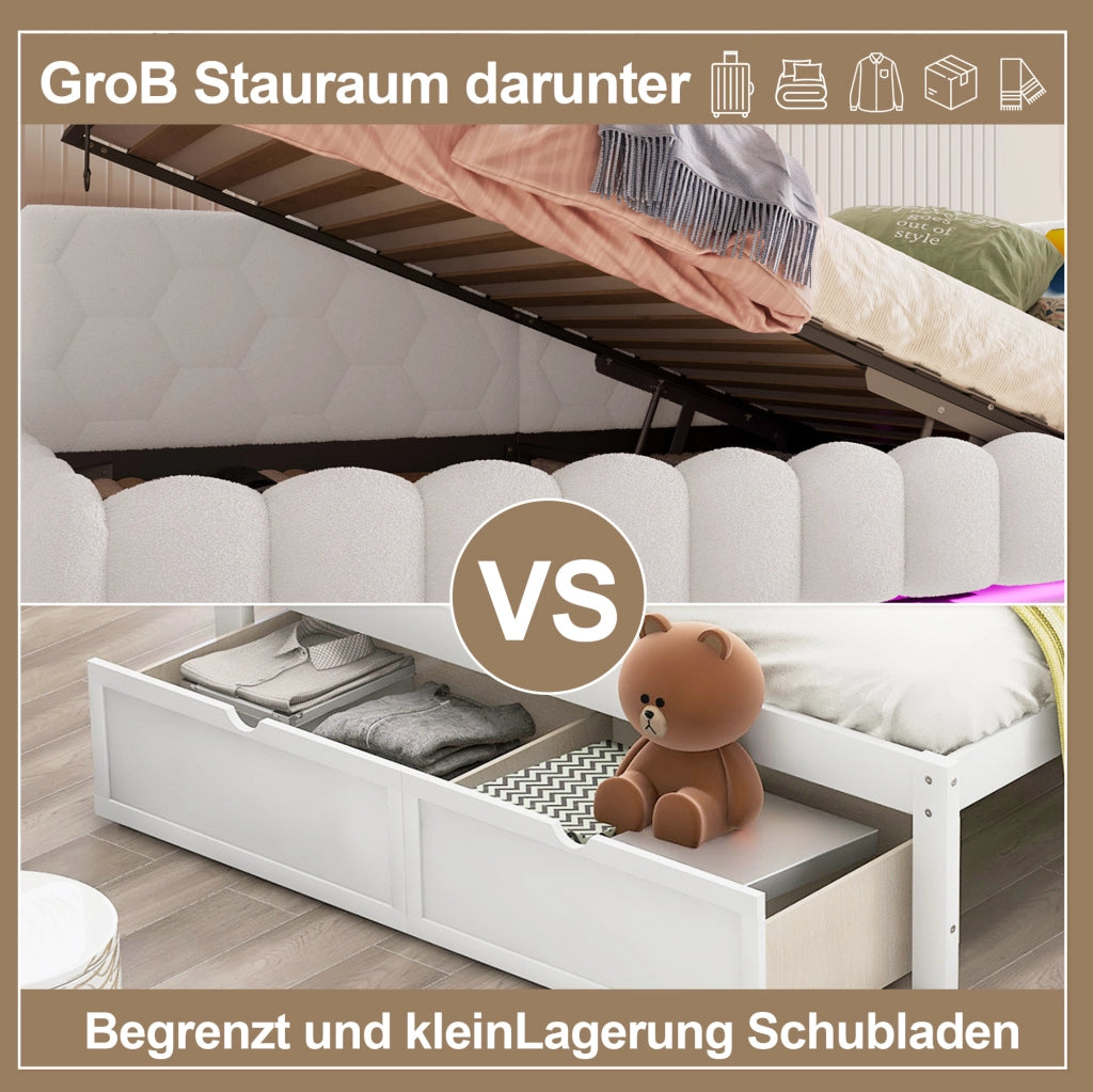 LETTO 90x200 cm con rete, LED, sollevamento idraulico, USB e Type-C, Bianco