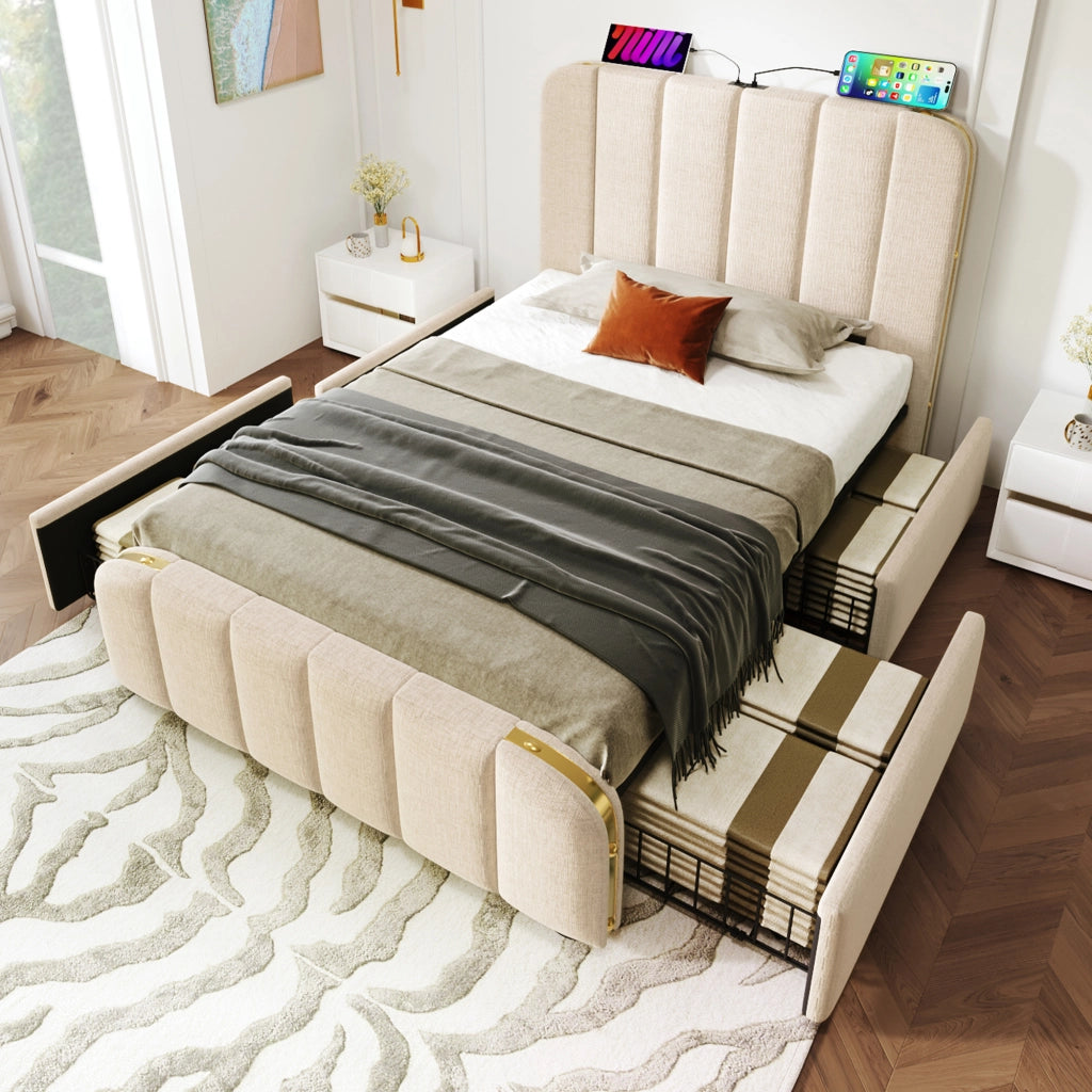 OKWISH Letto con Cassetti 90×200 cm, Letto Singolo con USB, Tipo C e 4 Cassetti, senza Materasso, in Lino, Beige